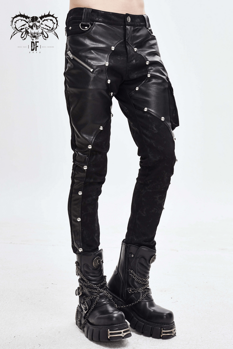 Men's punk style black faux leather trousers with pockets and silver rivets, perfect for edgy fashion.