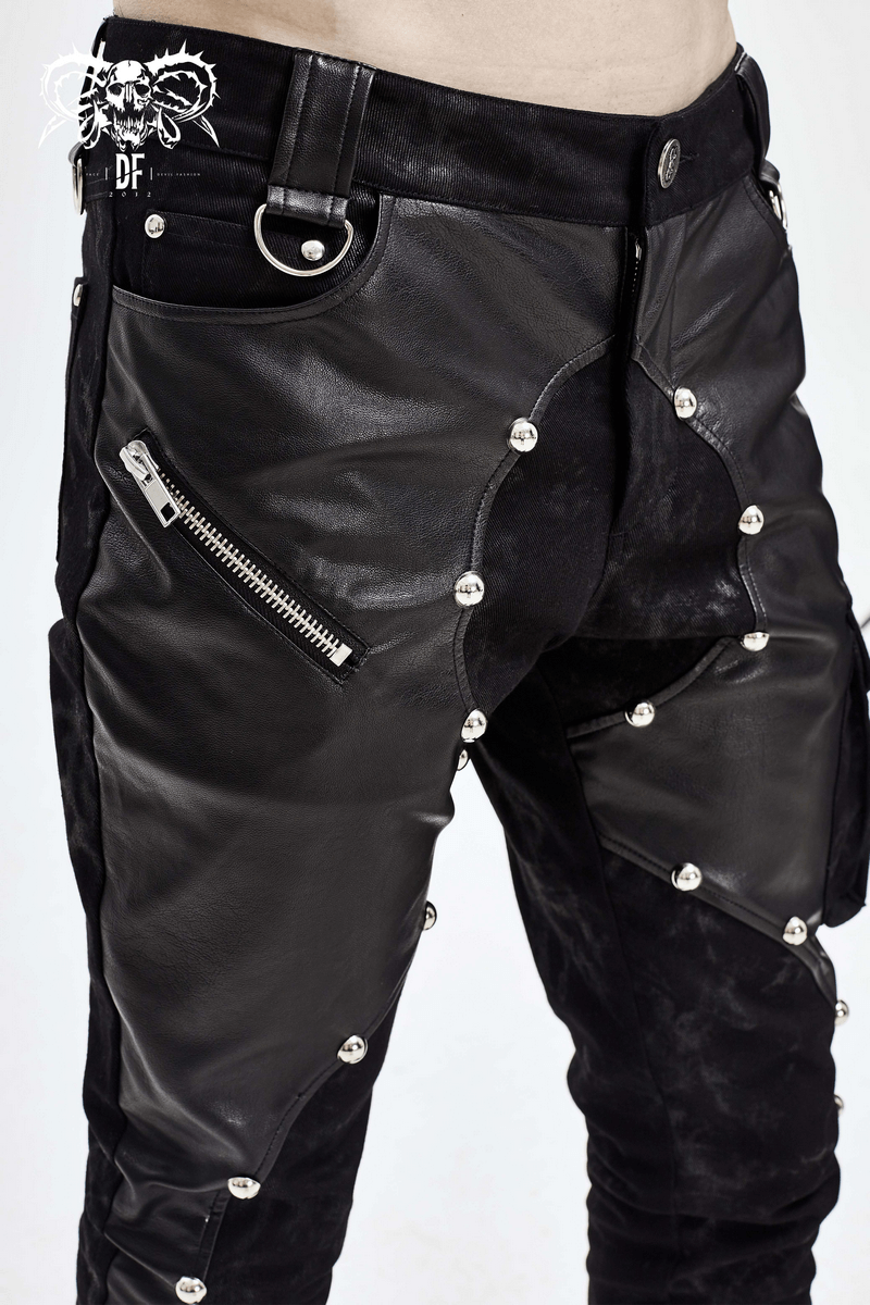 Close-up of men's punk style faux leather pants featuring zipper and silver rivets for a stylish edgy look.