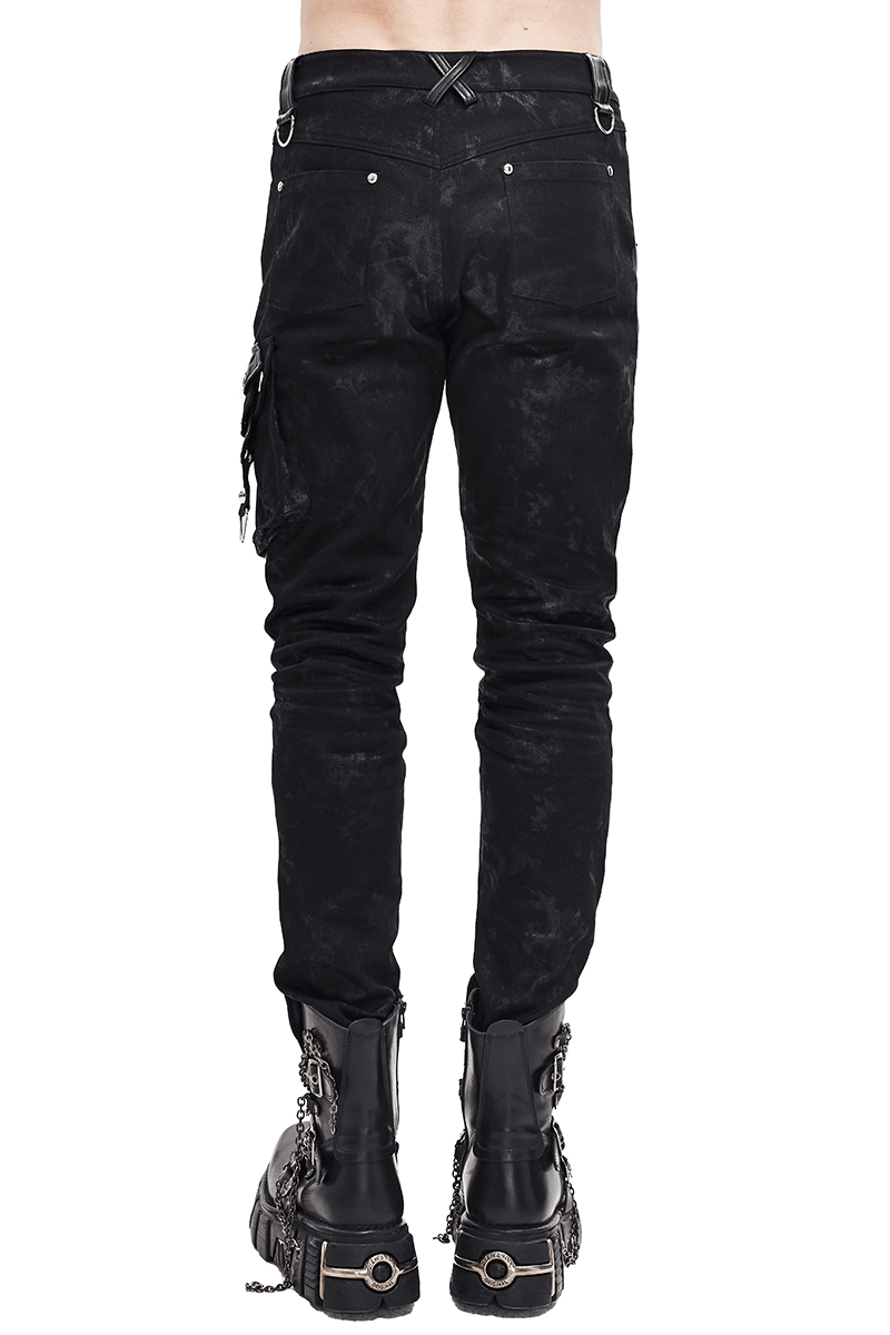 Men's Faux Leather Zipper Trousers With Pockets / Asymmetric Rivets Spliced Pants in Punk Style - HARD'N'HEAVY