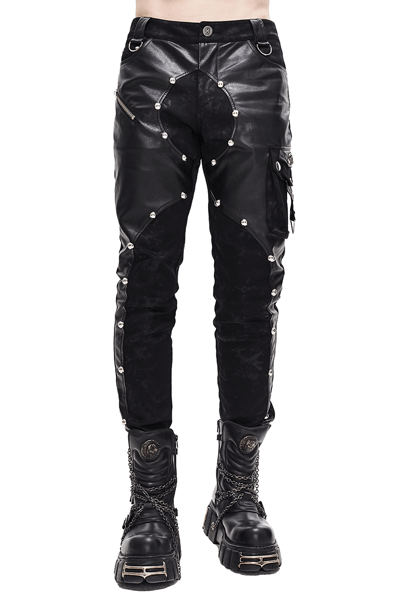 Men's Faux Leather Zipper Trousers With Pockets / Asymmetric Rivets Spliced Pants in Punk Style - HARD'N'HEAVY