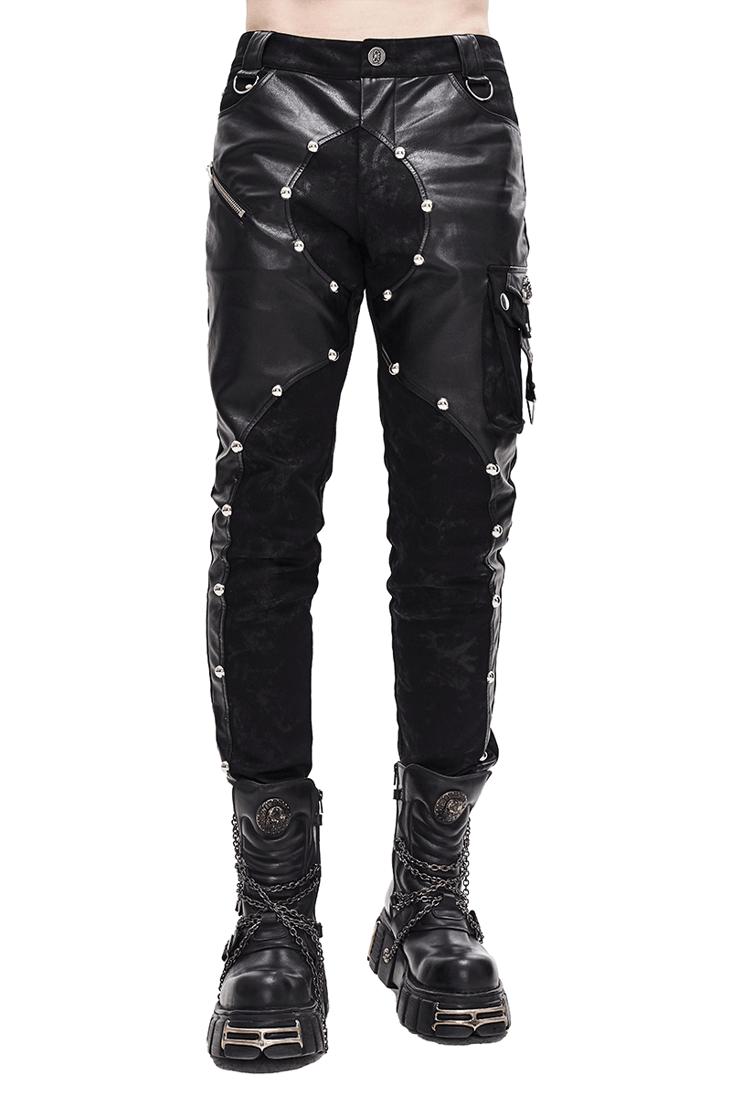 Men's black faux leather zipper trousers with asymmetric rivets, perfect for punk fashion lovers.
