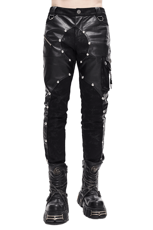 Herren-Hose aus Kunstleder mit Reißverschluss und Taschen / asymmetrische Nieten-Spleißhose im Punk-Stil
