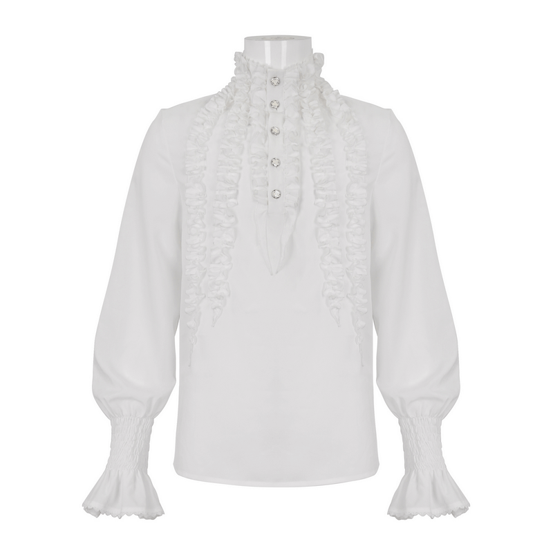 Men's frilly white shirt with buttons and ruffled cuffs, showcasing vintage elegance and long sleeves.