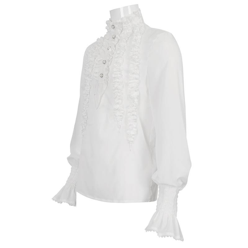 Men's vintage frilly white shirt with ruffled cuffs and front button detail, perfect for a sophisticated look.