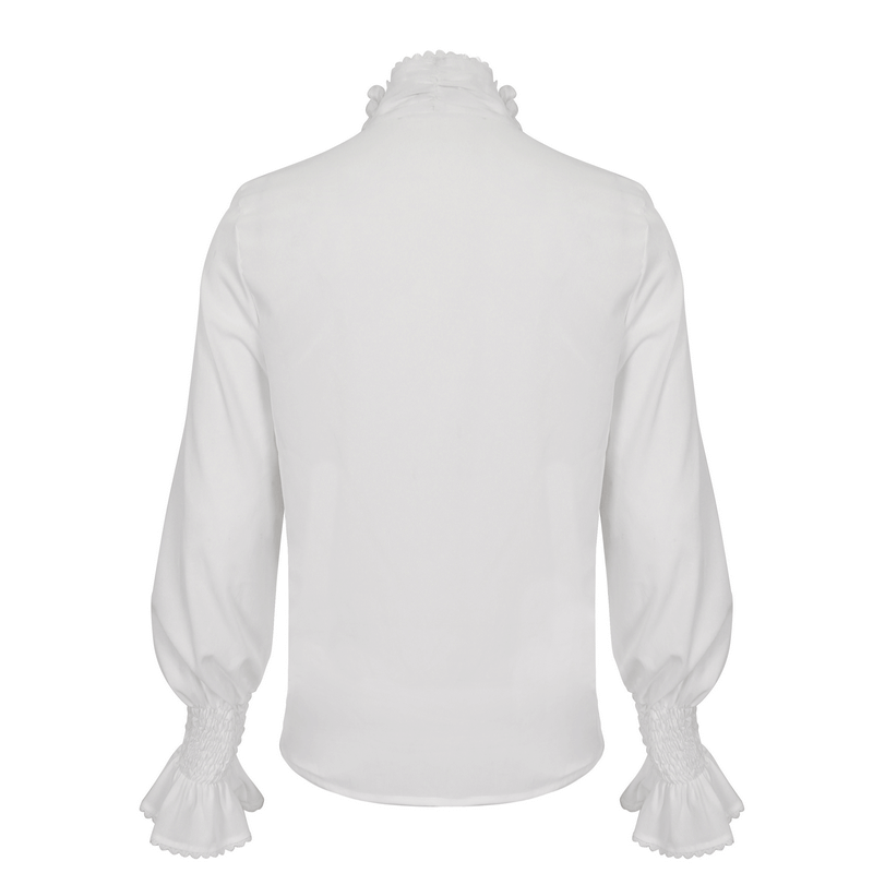 Back view of a men's vintage frilly white shirt with ruffled cuffs and high collar, showcasing elegant design.