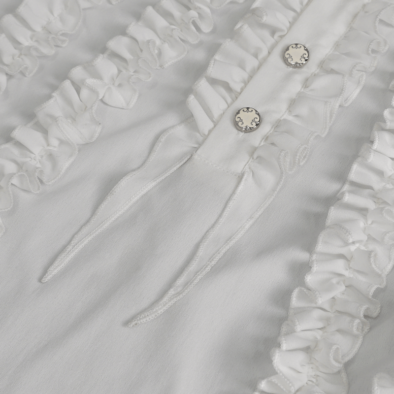 Close-up of men's frilly white shirt showcasing ruffled cuffs and button details for a vintage look.