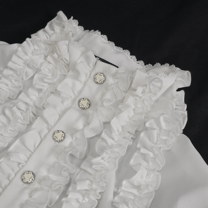 Men's frilly white shirt with ruffled cuffs and button detail, showcasing vintage elegance.