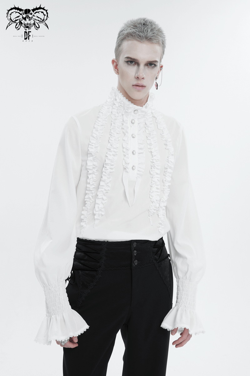 Stylish man in a vintage frilly white shirt with buttons and ruffled cuffs, perfect for a sophisticated wardrobe.