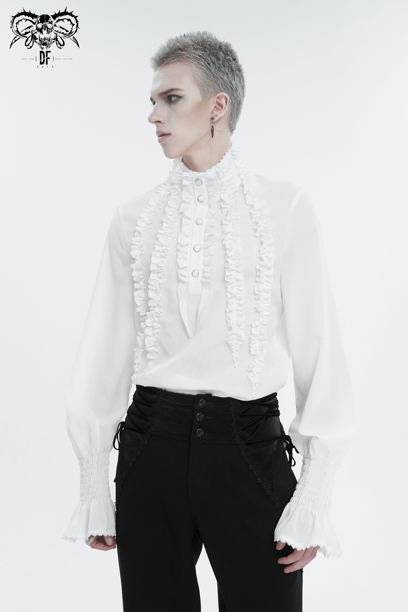 Men's Frilly White Shirts With Buttons on Front / Vintage Long Sleeves Clothes with Ruffled Cuffs - HARD'N'HEAVY