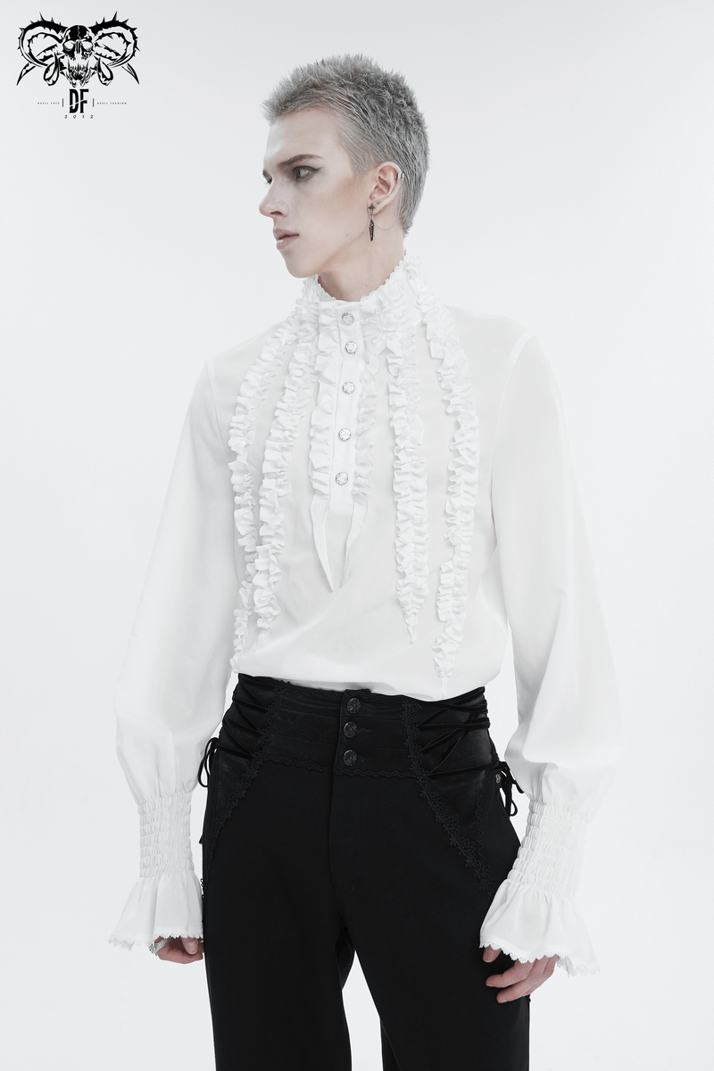 Men's vintage white frilly shirt with ruffled cuffs and buttons, perfect for a sophisticated look.