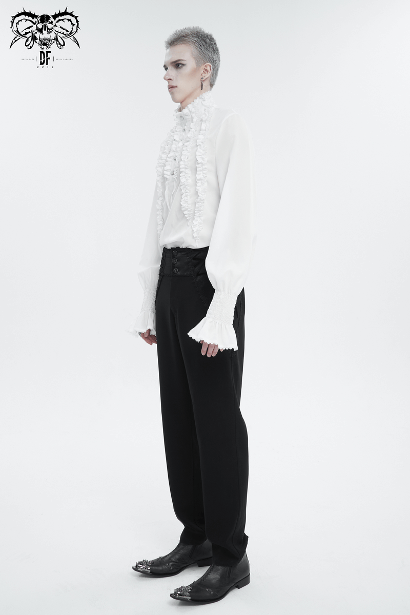 Men's vintage frilly white shirt with ruffled cuffs and buttons, paired with black trousers for a sophisticated look.