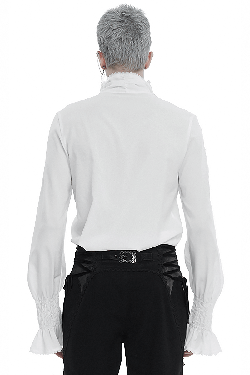 Back view of a men's frilly white shirt with ruffled cuffs and a vintage design, showcasing tailored elegance.