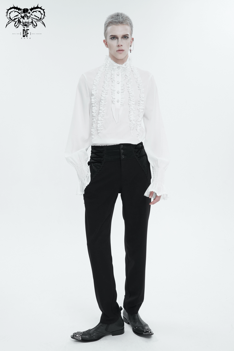 Men's frilly white vintage shirt with ruffled cuffs and front buttons, paired with sleek black trousers for a sophisticated look.