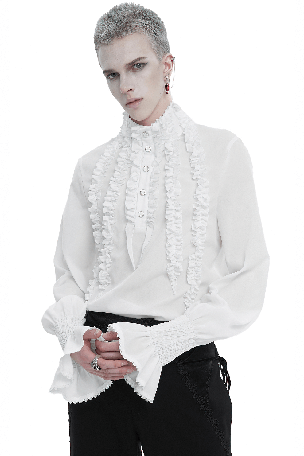 Men's vintage frilly white shirt with ruffled cuffs and front buttons, showcasing timeless elegance in fashion.