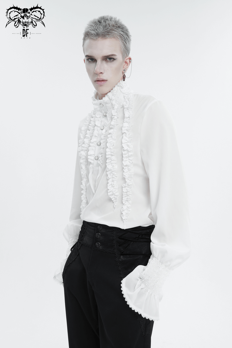 Men's Frilly White Shirts With Buttons on Front / Vintage Long Sleeves Clothes with Ruffled Cuffs - HARD'N'HEAVY
