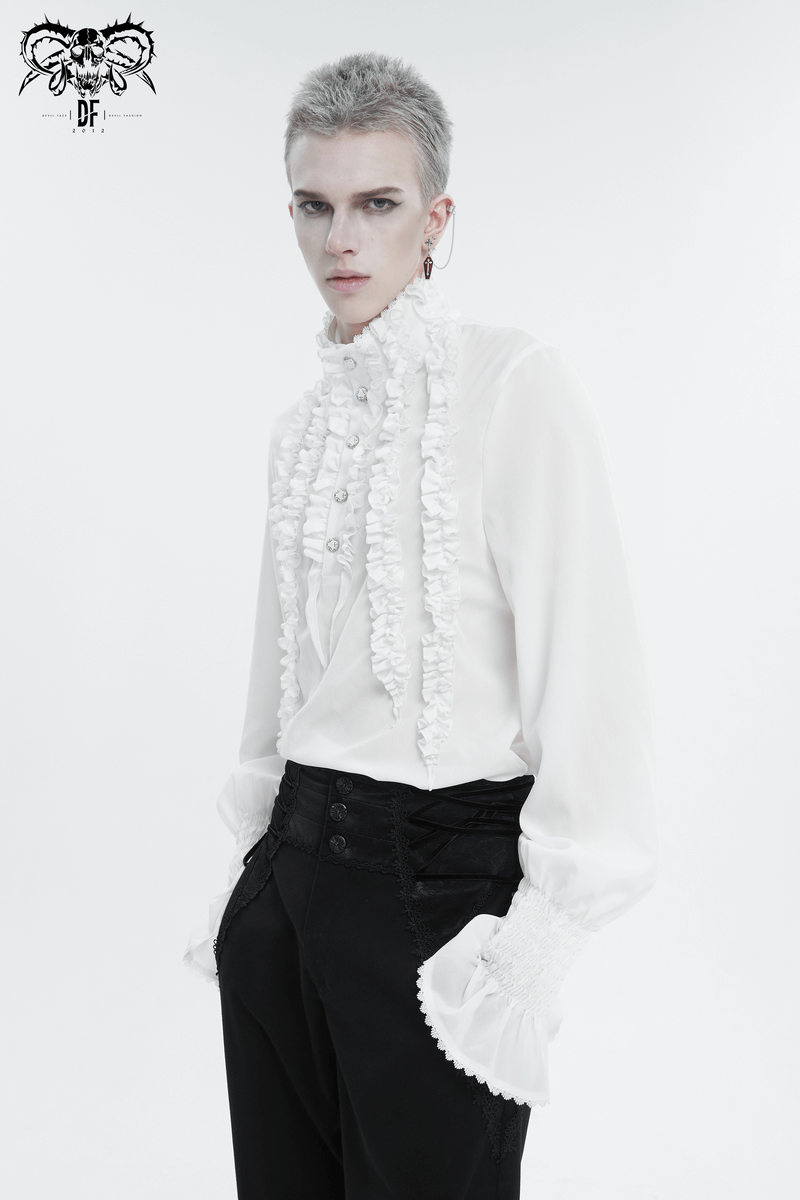 Men's vintage white frilly shirt with buttons and ruffled cuffs for a sophisticated look.