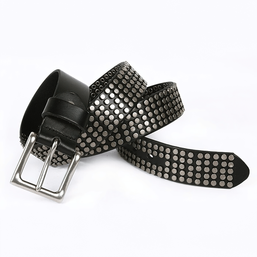 Men's genuine leather belt with silver rivets and pin buckle, perfect for punk style enthusiasts.