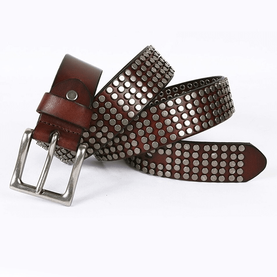 Men's genuine leather belt with silver rivets and pin buckle, perfect for punk style fashion.