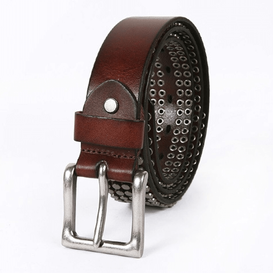 Men's genuine leather punk belt in brown with silver rivets and buckle, perfect for alternative fashion lovers.