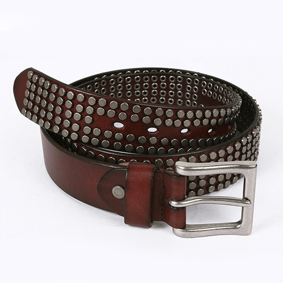 Men's genuine leather belt with silver rivets and pin buckle in punk style, perfect for alternative fashion.