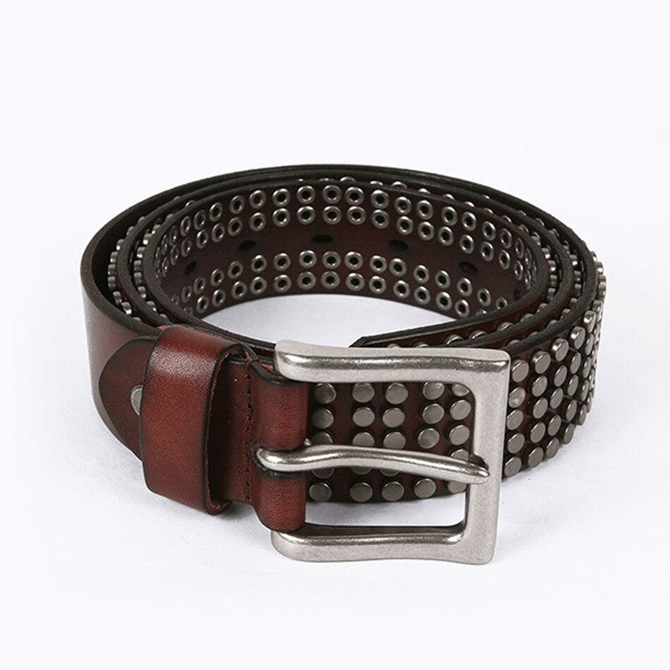 Men's genuine leather belt in brown with silver rivets and buckle, perfect for punk style and alternative fashion.