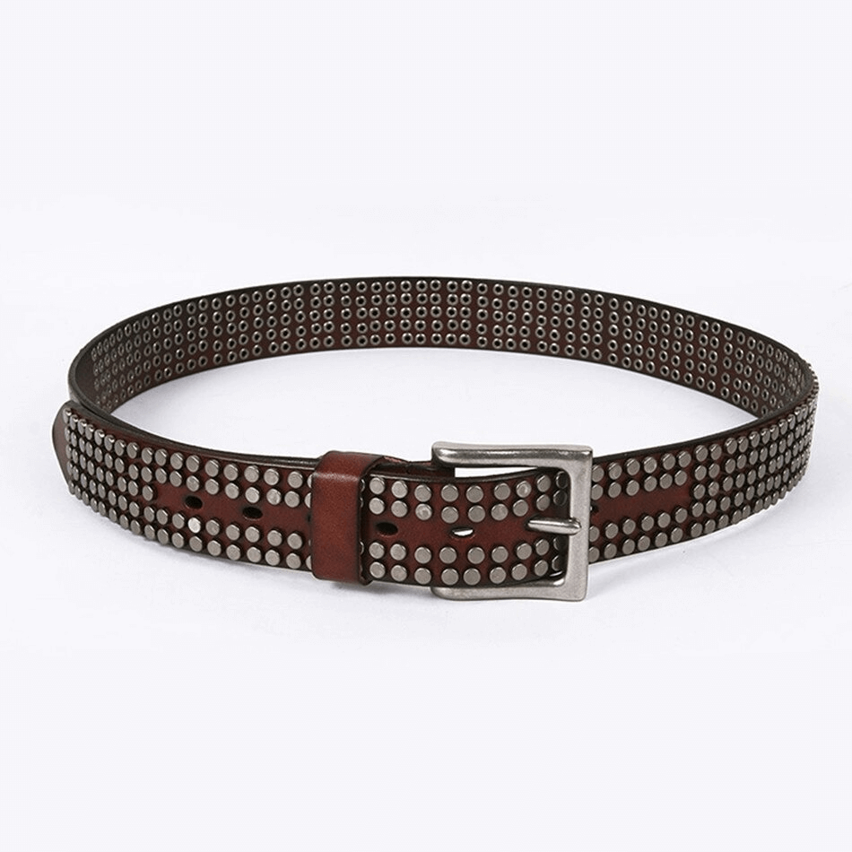 Men's genuine leather punk belt with silver rivets and pin buckle in brown color.
