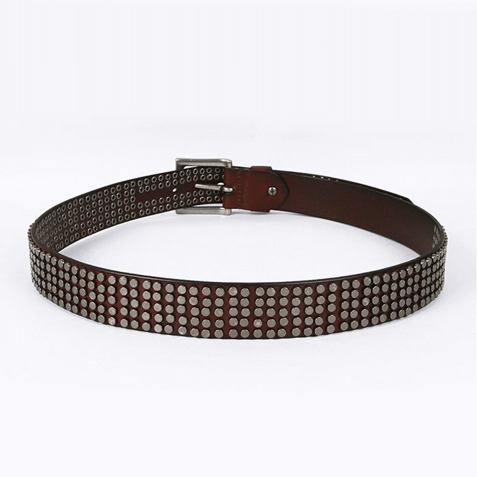 Men's genuine leather belt in brown with silver rivets, perfect for punk style and alternative fashion.