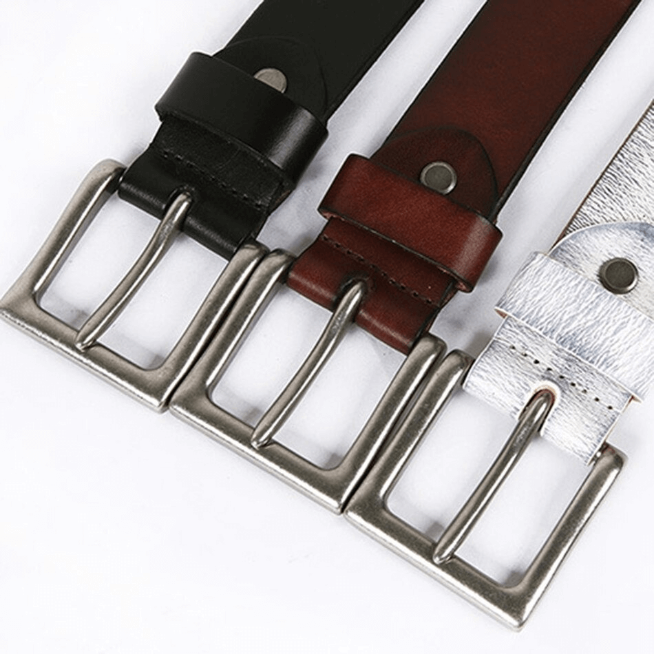 Men's genuine leather belts in black, brown, and silver, featuring decorative silver rivets and stylish pin buckles.