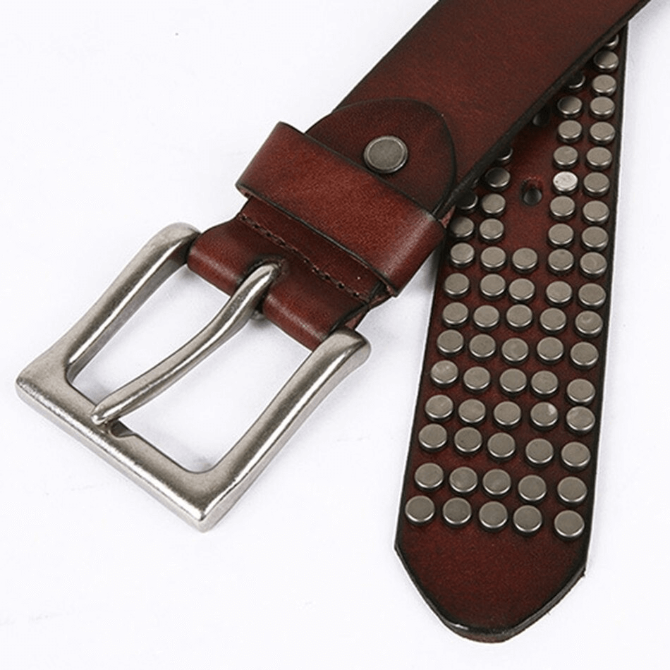 Men's genuine leather punk belt with silver rivets and pin buckle, perfect for alternative fashion enthusiasts.