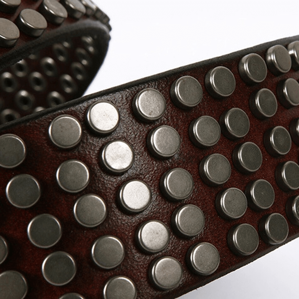 Men's genuine leather belt showcasing stylish silver rivets on a brown background, perfect for punk fashion lovers.
