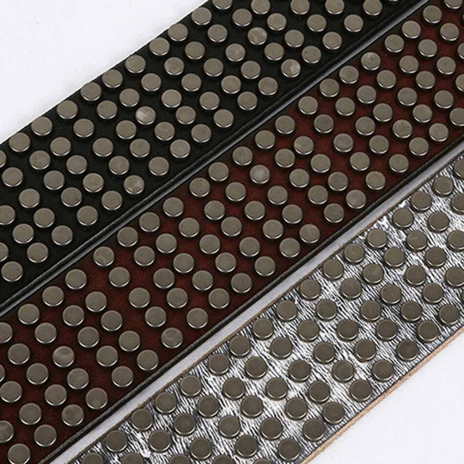 Men's genuine leather belts with silver rivets in black, brown, and gray colors, perfect for punk style and alternative fashion.