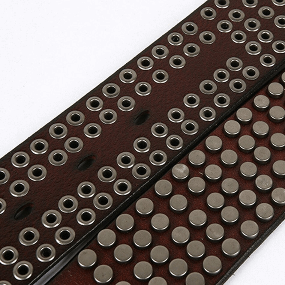 Close-up of men's genuine leather belt showcasing silver rivets, perfect for punk-style and alternative fashion.