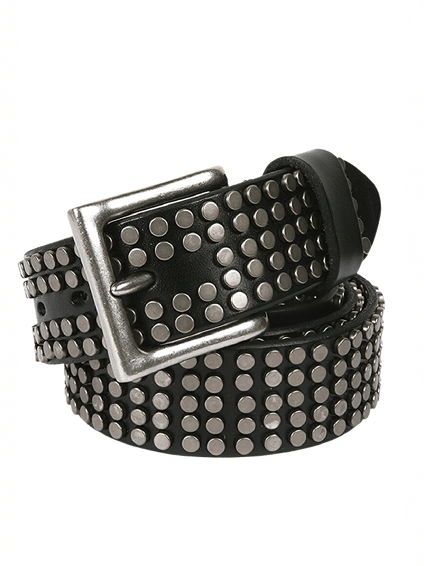 Men's black genuine leather belt featuring silver rivets and a stylish pin buckle, perfect for punk fashion.