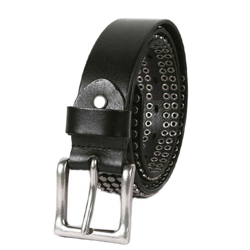 Men's genuine leather punk belt with silver rivets and pin buckle, stylish accessory for alternative fashion enthusiasts.