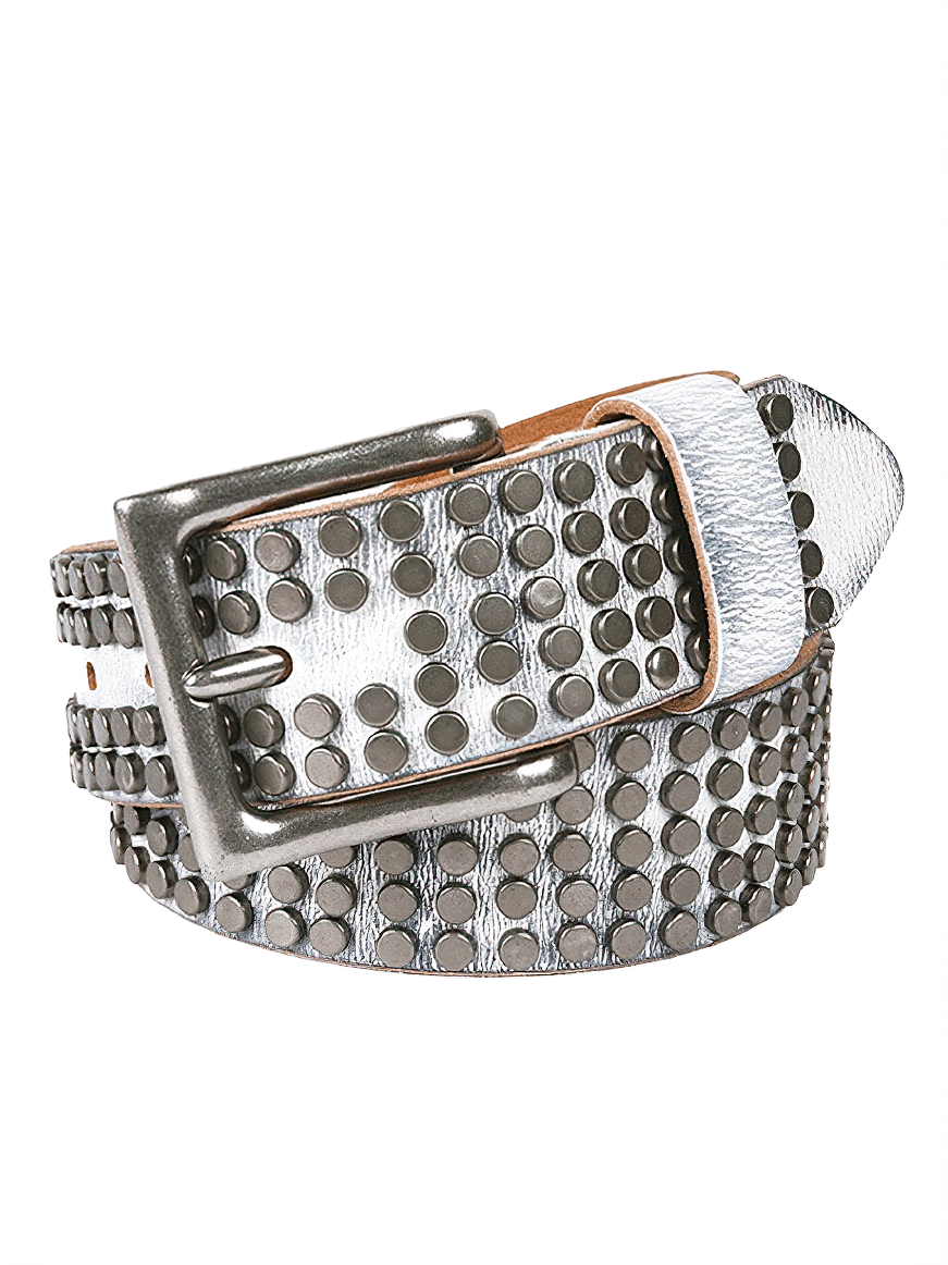 Men's genuine leather punk belt with silver rivets and pin buckle for stylish alternative fashion.