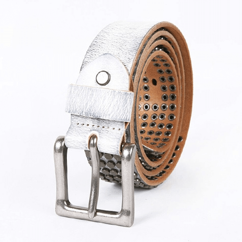 Men's genuine leather belt with rivets and silver pin buckle, perfect punk style accessory.