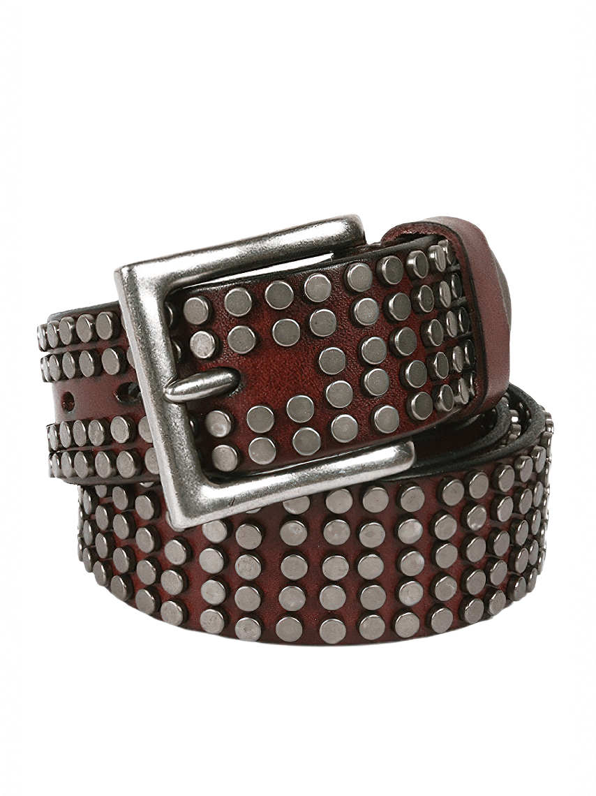 Men's genuine leather belt with silver rivets and pin buckle, perfect for punk style and alternative fashion.