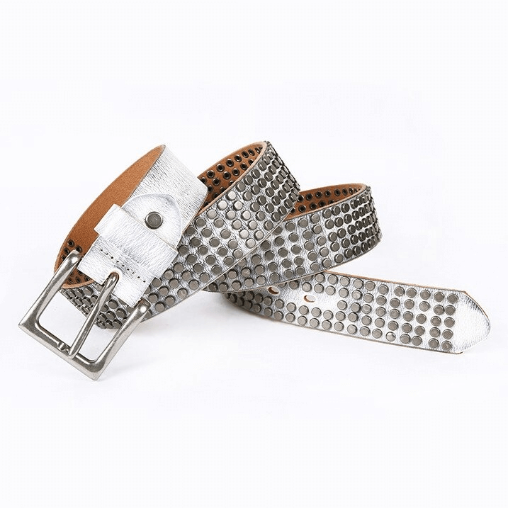 Men's punk-style leather belt with silver rivets and pin buckle, perfect for alternative fashion. Available in multiple colors.