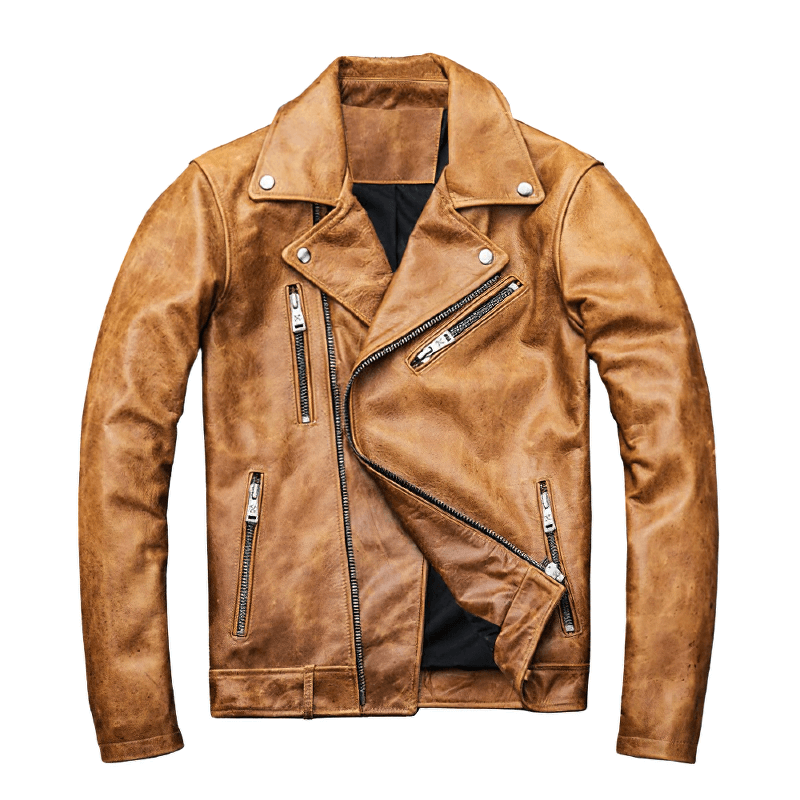 Men's yellow brown genuine leather motorcycle jacket with silver zippers and thick turn collar for a retro casual style.
