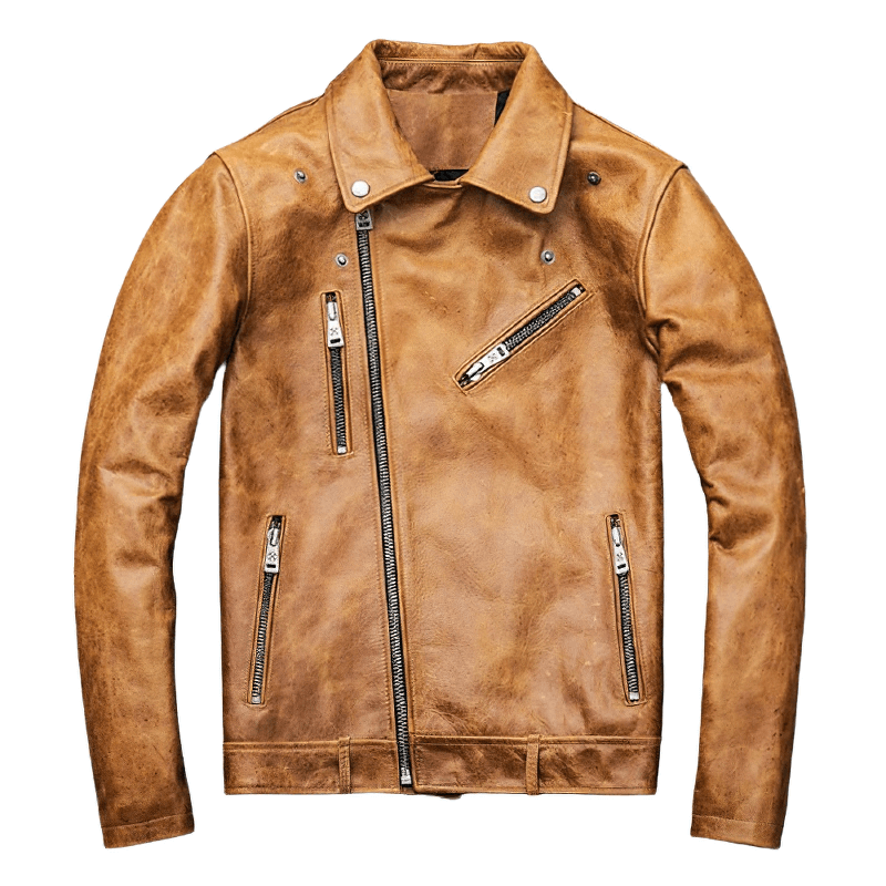 Men's genuine leather motorcycle jacket in yellow brown with silver zippers and thick turn collar.