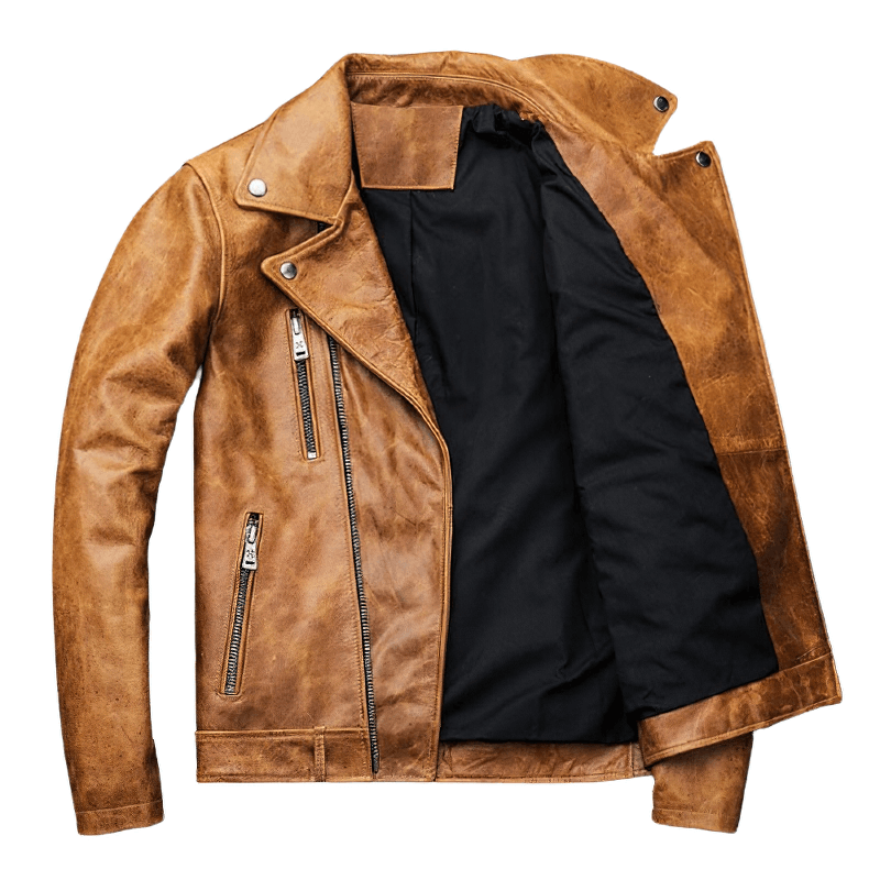 Men's genuine leather motorcycle jacket in yellow brown with thick turn collar, featuring silver zippers and retro casual style.