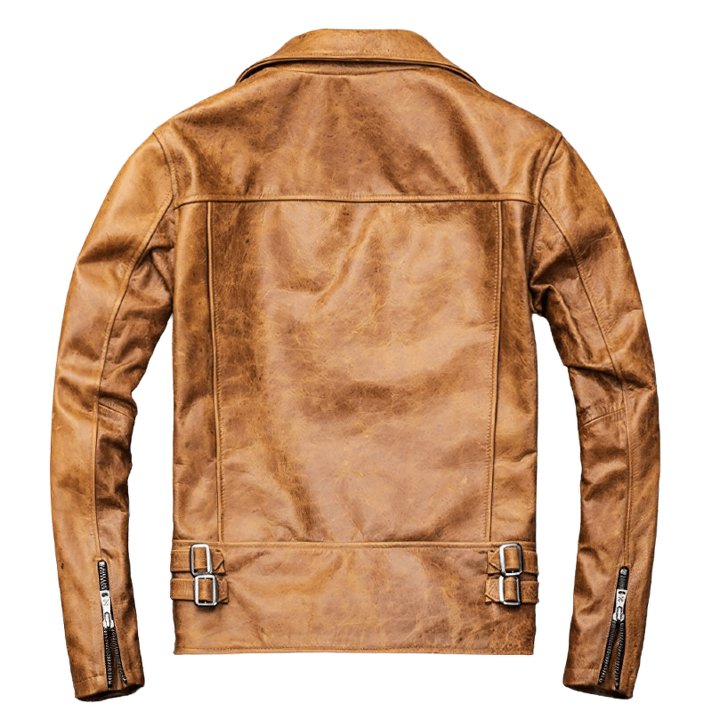 Back view of a men's genuine leather motorcycle jacket in yellow brown with a thick turn collar.