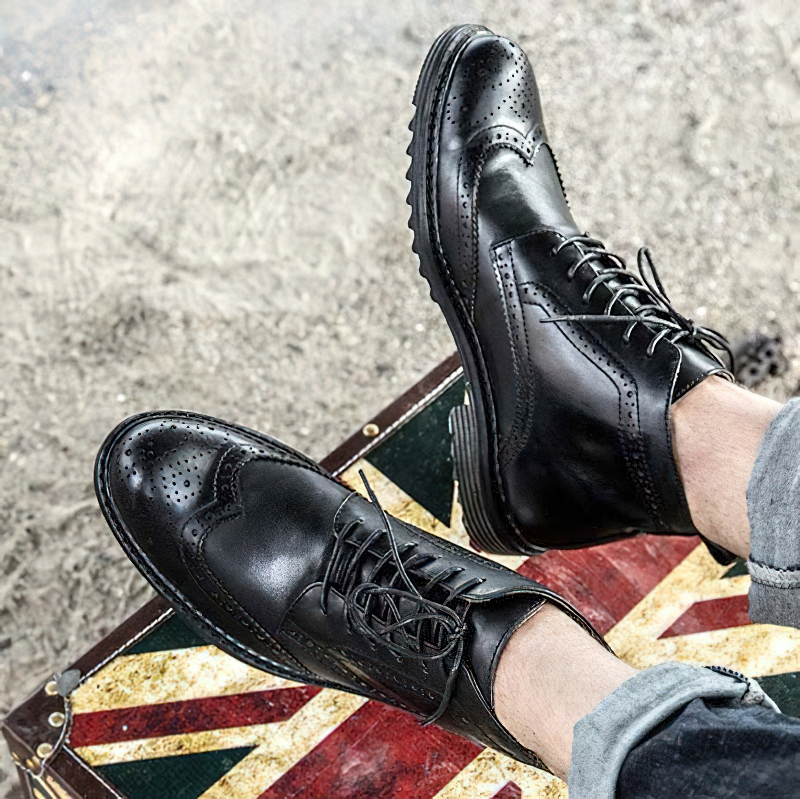 Men's Genuine Leather Round Toe Lace Up Brogue Shoes / Casual Boots - HARD'N'HEAVY