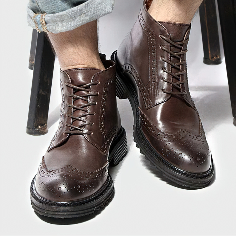 Men's Genuine Leather Round Toe Lace Up Brogue Shoes / Casual Boots - HARD'N'HEAVY