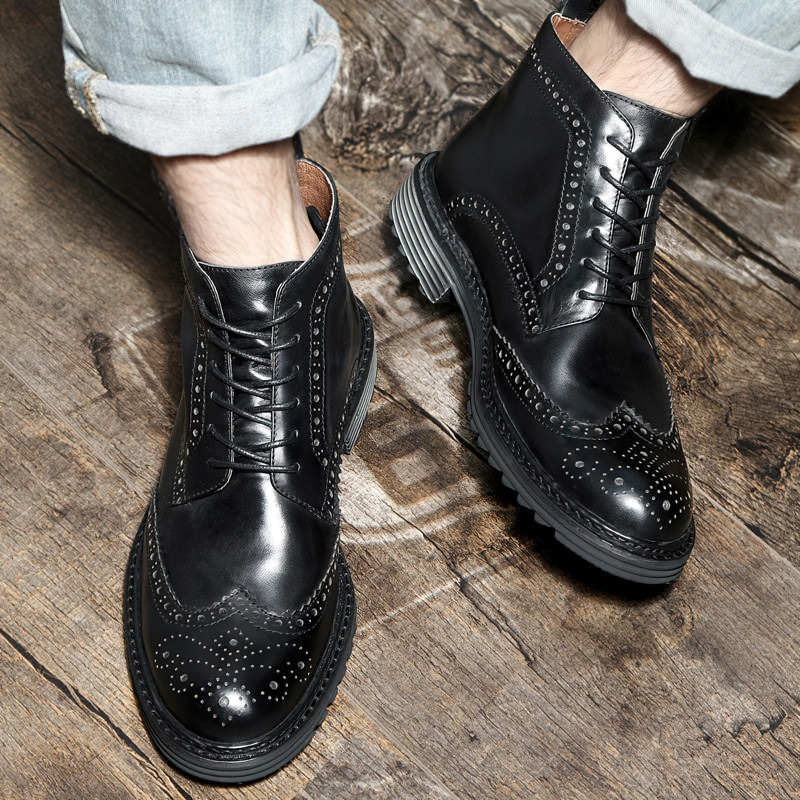 Men's Genuine Leather Round Toe Lace Up Brogue Shoes / Casual Boots - HARD'N'HEAVY