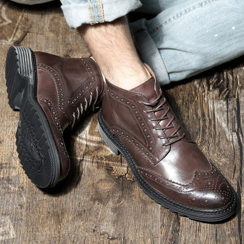 Men's Genuine Leather Round Toe Lace Up Brogue Shoes / Casual Boots - HARD'N'HEAVY