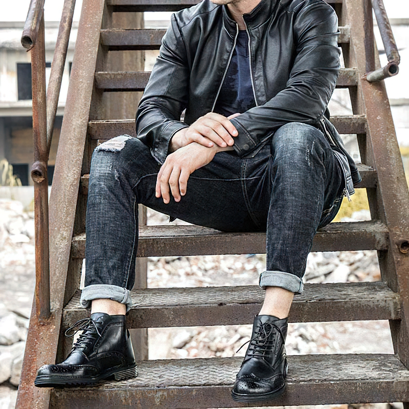 Men's Genuine Leather Round Toe Lace Up Brogue Shoes / Casual Boots - HARD'N'HEAVY