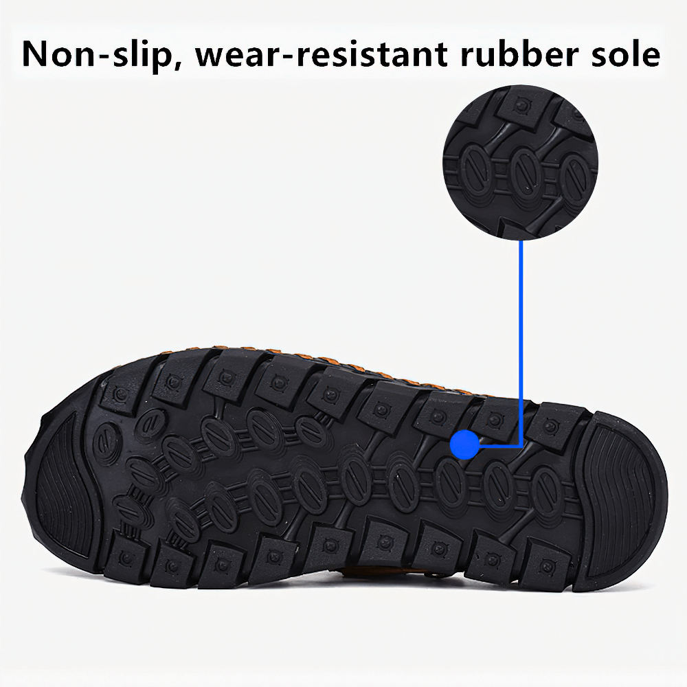 Men's leather sandal showing non-slip, wear-resistant rubber sole for summer comfort and style.