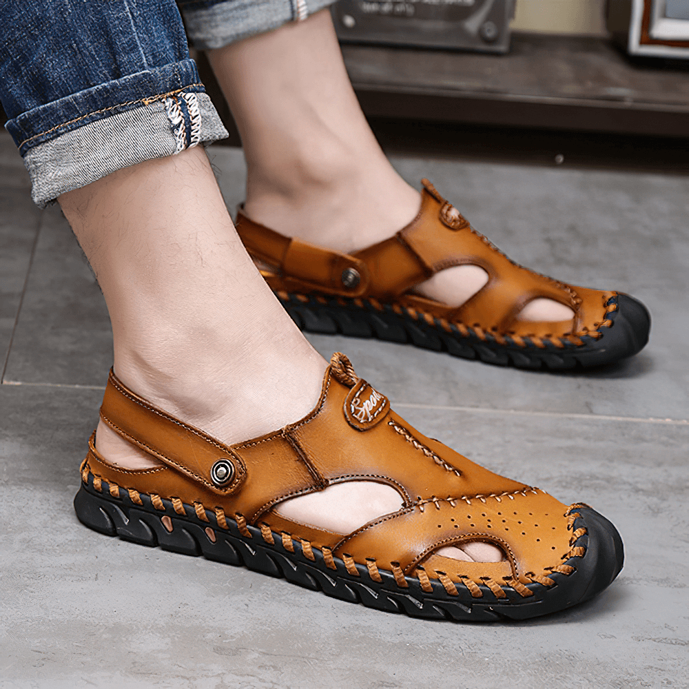 Men's genuine leather sandals with ankle wrap, stylish stitching, perfect for summer outdoor activities.