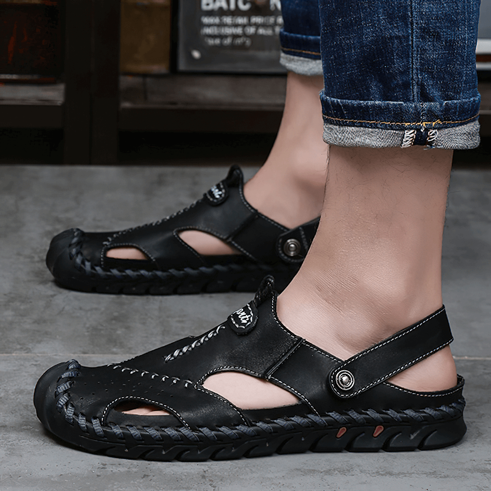 Men's genuine leather sandals with ankle wrap, stylish design perfect for summer and outdoor wear.